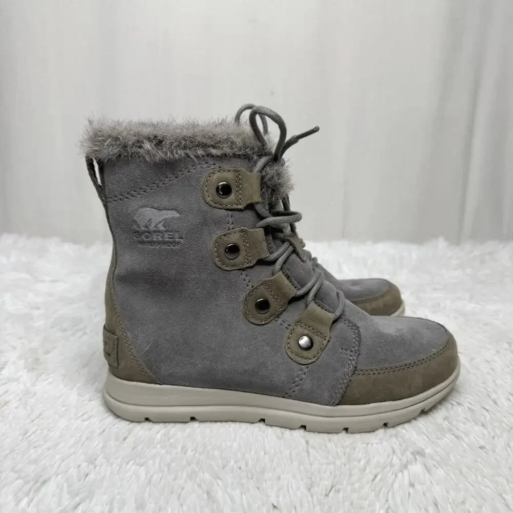 SOREL / gray Explorer Joan waterproof lace up faux fur suede leather boots / 6